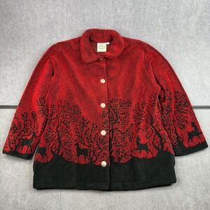 Pine Cone Designs Red Black Deer Woodland Fleece Jacket Button Front L Vintage